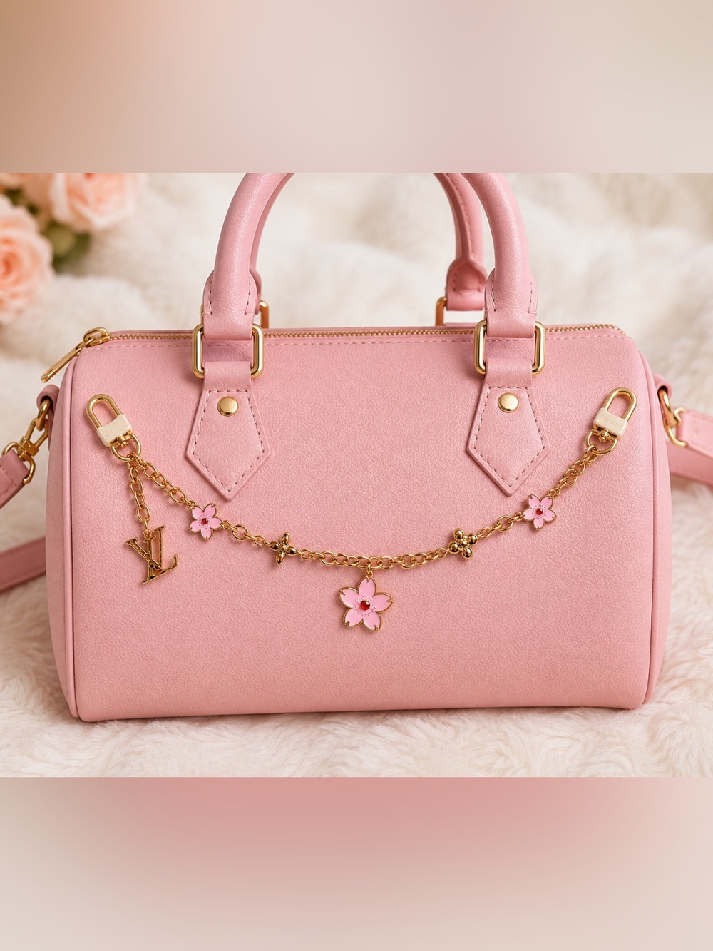 Keychain  Sakura Pink Satchel with Gold Floral Charm Chain